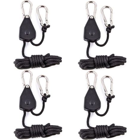 Set of 4 heavy-duty 2m adjustable hanging ropes for plants, lighting, tent/awning, with pulleys and accessories (black). (1/5)