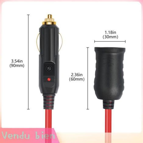 Câble d'extension allume cigare 12 pieds 18AWG 15A DC mâle à femelle pour gonfleur de pneu de voiture aspirateur de réfrigérateur (1/4)