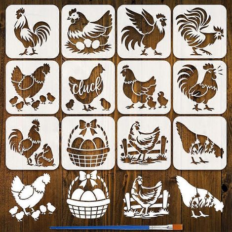 Pochoirs de peinture pour poules (12 pièces) avec pinceau, 15 x 15 cm, 12 modèles différents : poussins, poules, coq et œufs. Modèles de dessin pour décoration artistique à faire soi-même. (1/5)