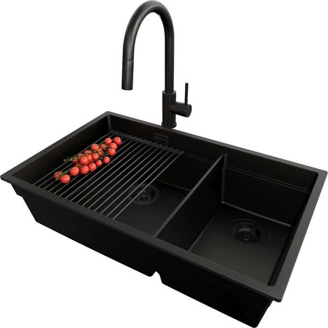 PRIMAGRAN Evier Cuisine en Granit 76x47cm, Lavabo 2 bacs + Kit de Vidage + Accessoire, Évier à Encastrer au meuble 80cm - Prague Slim Duo, Tout Noir