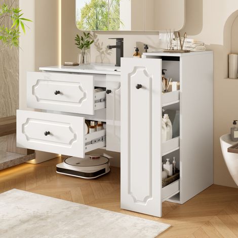 Set mobile bagno sospeso 107 cm con lavabo in ceramica, 2 cassetti e colonna bianco (1/5)