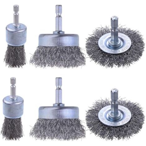 Lot de 6 brosses à fil en acier au carbone avec tige hexagonale de 6,35 mm pour éliminer la rouille, la corrosion et frotter les surfaces (1/4)