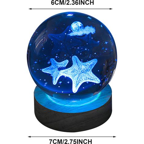 Veilleuse boule cristal étoile de mer 6cm sur socle bois LED multicolore 7cm lampe décorative USB design naturel (1/5)