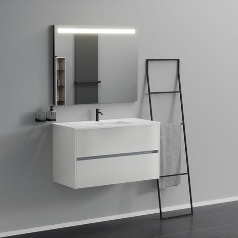 Inda - Badezimmerschrank 2 Schubladen L.100 mit beleuchtetem Spiegelwaschbecken - Glänzendes Weiß
