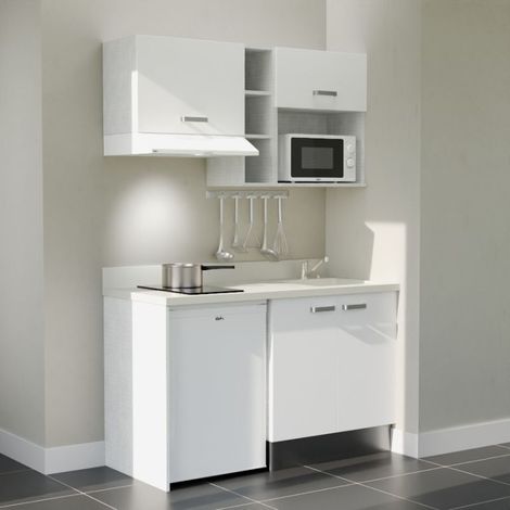Kitchenette K13L - 140 cm - plan monobloc évier intégré Snova- évier à droite - Façades Blanc + Electroménager inclus coloris Blanc (1/5)