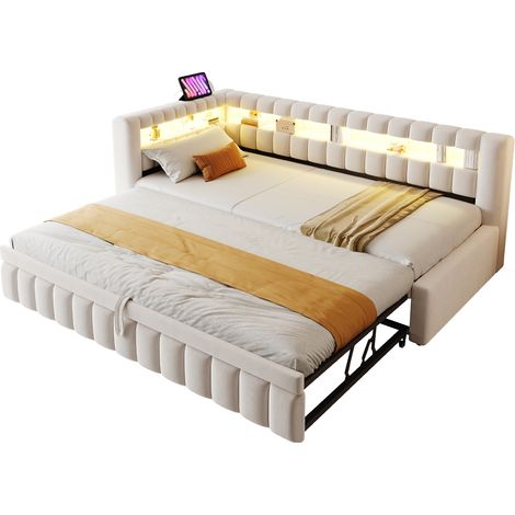 Canapé-lit extensible 90 x 200 cm, LED, ports USB et USB-C, tête de lit avec rangements, velours beige, CHICFURN (1/5)