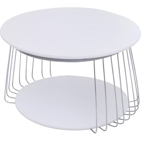 Mesa de centro redonda Ø 70 cm con doble tablero estructura de metal cromado y MDF blanco 040008791