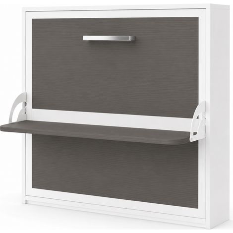 Lit escamotable horizontal avec bureau BONA - Ouverture automatique assistée - renforcé – Spécial location meublée Matelas mousse 18 cm Blanc-Avec matelas-140x190-Cadre Blanc-Façade Anthracite (1/5)