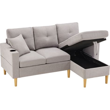 Ecksofa 3 Plätze aus Baumwoll-Linen mit Aufbewahrungschaise, 2 Getränkehalter, Seitentasche und 2 Kissen, Hellgrau