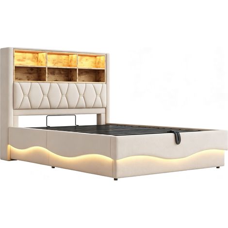Cama tapizada 140x200 cm con almacenaje hidráulico, LED APP, USB, somier metálico, beige (1/5)