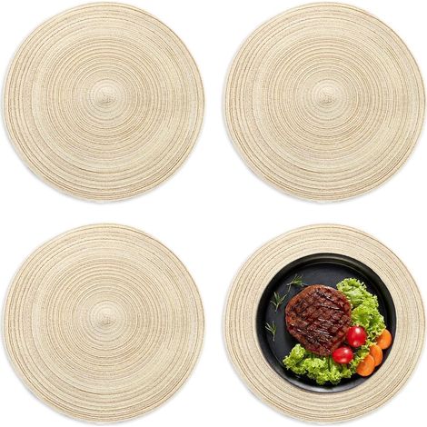 Set mit 4 runden Platzsets, 30 x 30 cm, runde geflochtene Platzsets, rutschfest und hitzebeständig, strapazierfähig, für Küche, Esstisch, Hochzeit, Party, Hotel und Restaurants (Beige) (1/5)