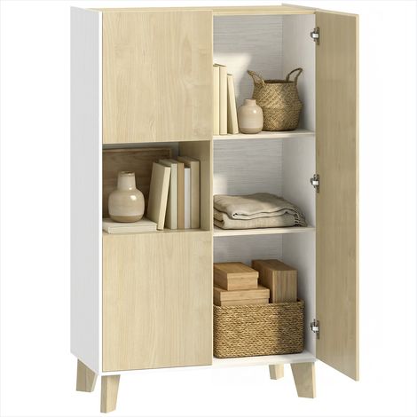 Buffet de salon design bicolore 80x40x135 cm, 6 compartiments, portes amorties, blanc et bois naturel (1/5)