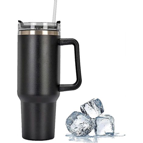 Mug de voyage 1182 ml (40 oz) avec paille et couvercle, en acier inoxydable à double paroi isolée sous vide, idéal pour les déplacements, noir. (1/5)