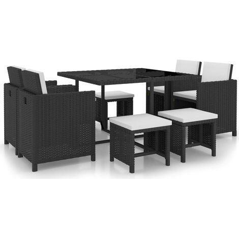 Salon de jardin encastrable 9pcs et coussin Résine tressée Noir (1/5)