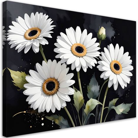 Leinwandbild Weiße Gänseblümchen Blumen auf schwarzem Hintergrund 60x40