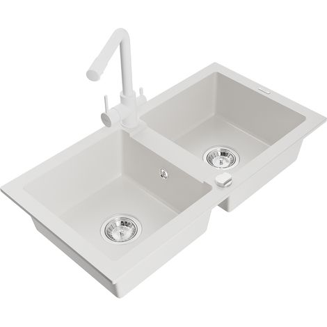 Mexen Mario fregadero de granito de 2 compartimentos con grifo de cocina Duero, blanco - 6504-20-671600-20