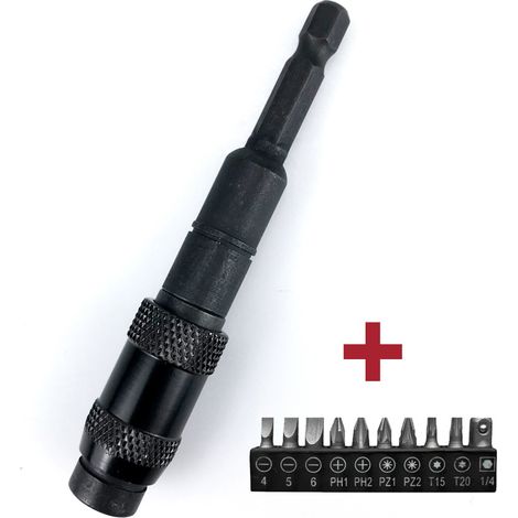 Rallonge multi-angles pour embouts de tournevis, adaptateur étendu, tournevis électrique magnétique puissant, poignée hexagonale, rallonge autobloquante à dégagement rapide, entièrement noir + embout (1/5)