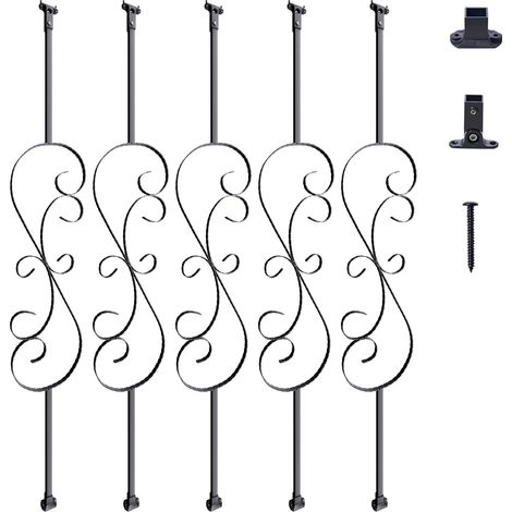 Balustres en métal pour escalier 1122 mm barres rampe décoratives en acier galvanisé, lot de 5 barreaux de sécurité S avec chaussures et vis pour rampe d'escalier en spirale creuse, noir satiné (1/5)
