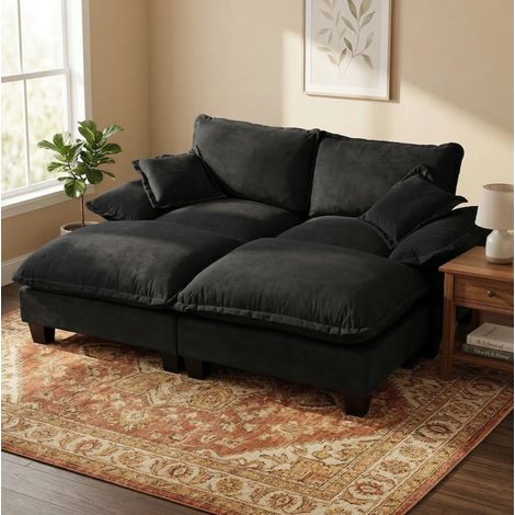 Canapé d’angle modulaire en chenille noir, design inspiré d’un voilier, avec 2 ottomanes mobiles et 2 coussins (1/5)