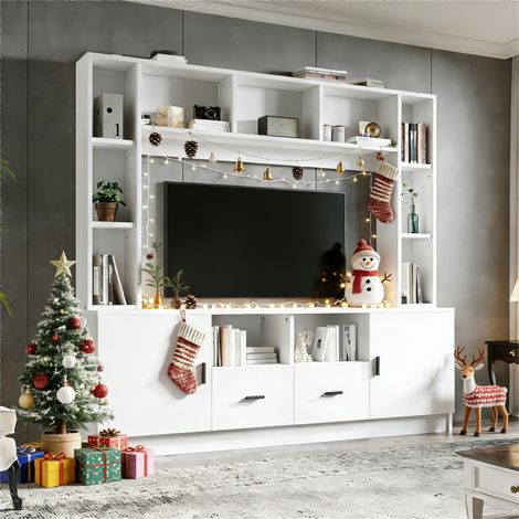 Ensemble meuble TV mural - 180x35x170cm - meuble TV et étagère - 2 placards, 2 tiroirs et 11 compartiments - 60 pouces - Blanc (1/5)