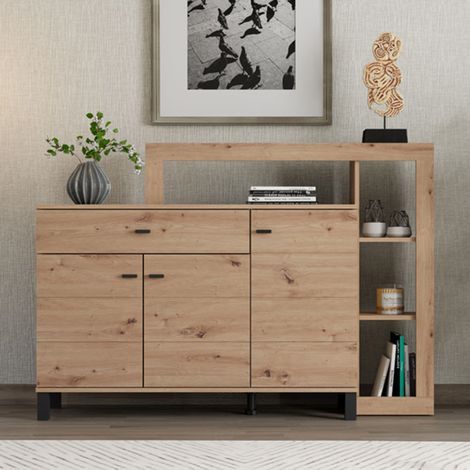 Credenza Piriap, Madia un Cassetto, 5 Ripiani, Apertura Battente, Scorrevole, 145x35x101h cm Marrone Rovere Nodi (1/5)