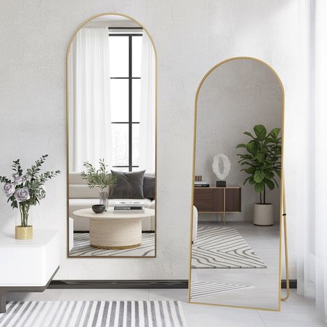 Specchio da Terra ad Arco 177x77 cm - Grande Specchio a Figura Intera con Cornice in Alluminio - Autoportante o da Parete - Oro