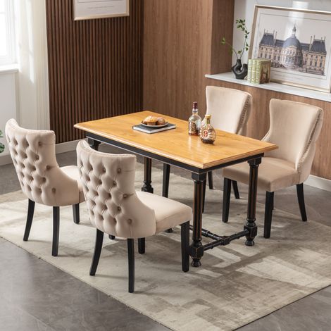 Lot de 4 chaise de salle à manger avec coutures boutonnées, structure en bois massif, tissu en velours beige (1/5)