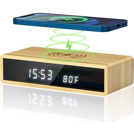 Réveil numérique en bois à chargement sans fil, avec trois alarmes, fonction snooze, affichage de la date et de la température, 3 niveaux de luminosité, idéal pour les enfants et les chambres d'enfant (1/5)