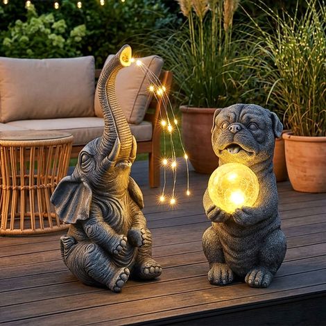 2 lampade solari a LED per esterni a forma di cane ed elefante, lampada da giardino con sensore crepuscolare, vetro grigio, altezza 29 cm (1/5)