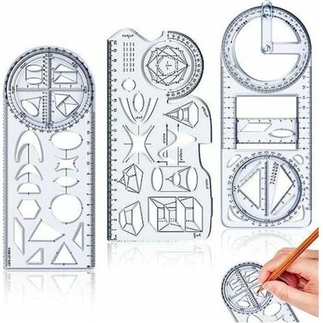 Règle géométrique multifonctionnelle, règle à motifs géométriques, ensemble de 3 règles de dessin multifonctionnelles (1/5)