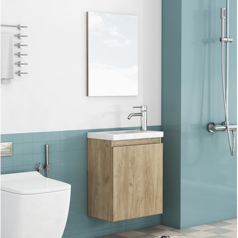 Mueble lavabo mural 40 cm con lavabo de cerámica y espejo, acabado roble HAVRYA (1/5)