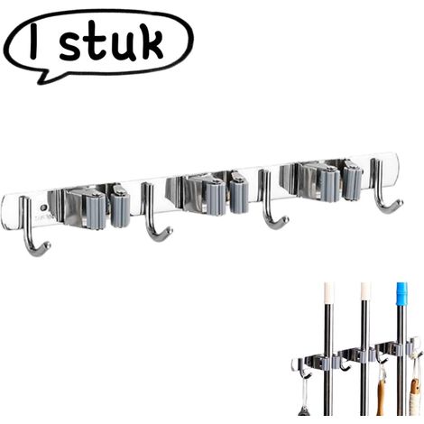 1 pièce support mural en acier inoxydable pour serpillière et balai, fixation sans perçage, avec 4 crochets et 3 clips, pour la salle de bain, couleur argent (1/5)