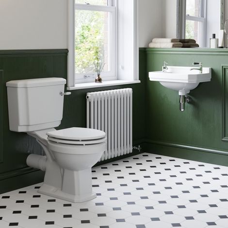 Traditional Cloakroom Suite Close Coupled Toilet WC Wall Hung 2 Tap Hole Basin (1/5)