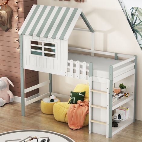 CHICFURN Letto a soppalco bimbi 90x200 cm in legno verde con scala e contenitore senza materasso (1/5)