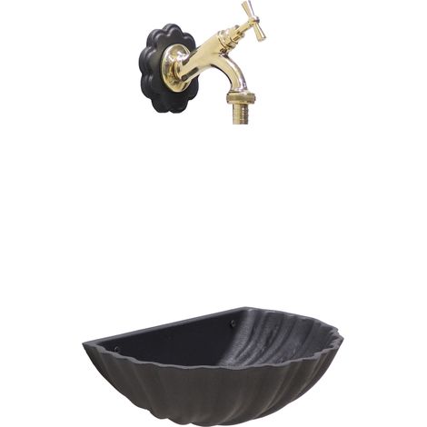 Fontana a muro Conchiglia grigio ghisa con rosone fiore per casa giardino con rubinetto in ottone a scelta : lucido