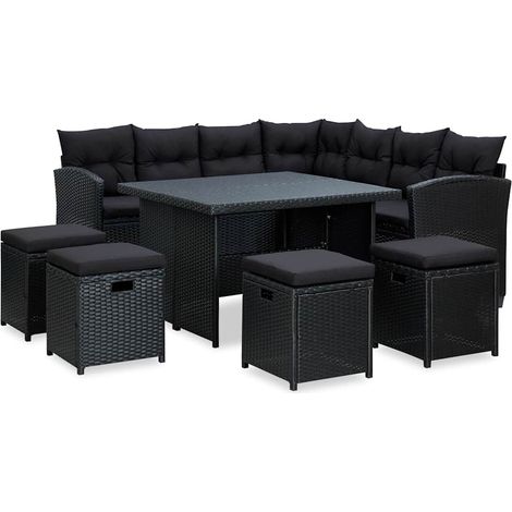 Salon de jardin 6 pcs Ensemble Table et Chaise de Jardin - avec coussins Résine tressée Noir BV610312 - BonneVie (1/5)