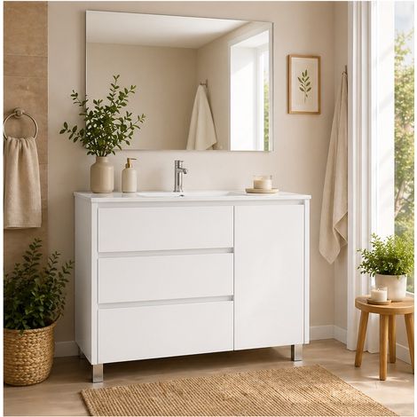 Ensemble Meuble de salle de bain VOLUM Livré Monté 3 tiroirs et porte, lavabo et miroir Blanc brillant 80x45 cm