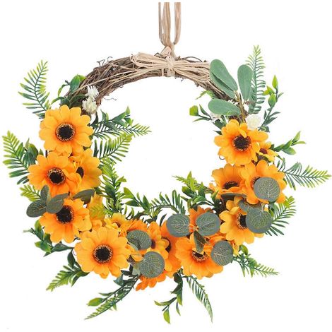 Künstlicher Sonnenblumenkranz (40 cm) mit grünen Blättern, Frühlings- und Sommerblumengirlande aus Rattan, zum Aufhängen an der Haustür, Wand, im Innen- und Außenbereich, für Hochzeiten und Zuhause