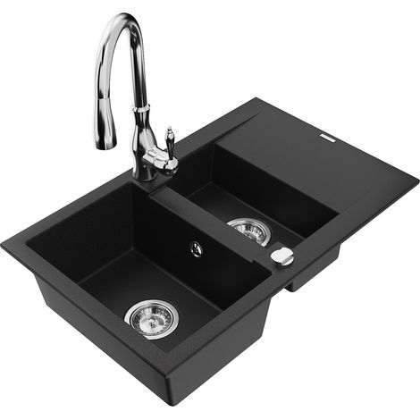 Mexen Gaspar 1,5-Becken-Granitspüle mit Abtropffläche und Mischbatterie Savita, Schwarz - 6507-77-67