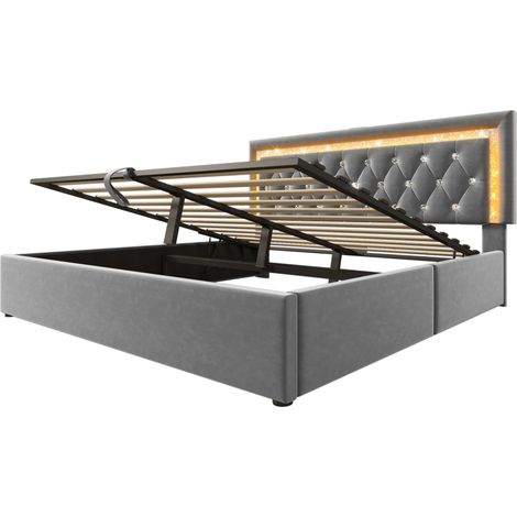 Lit capitonné 160x200 cm en velours, lit double avec bande LED diamant dans la tête de lit, station de charge USB et Type-C, coffre de lit hydraulique, lit ado avec rangement et sommier à lattes, gris (1/5)