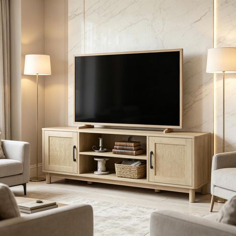 Meuble TV 135 cm pour TV 65 pouces, 2 portes effet cannage rotin, niches ouvertes, passe-câbles, pieds pin, aggloméré E1 (1/5)