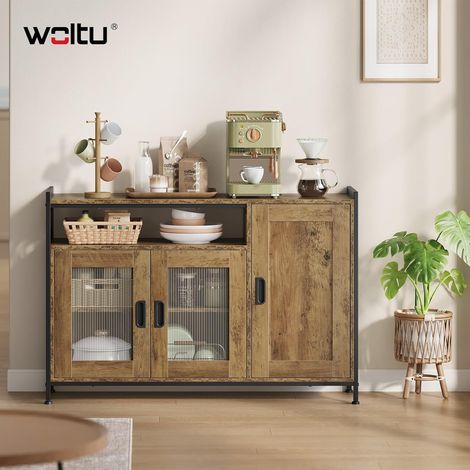 WOLTU Credenza da Cucina, Mobile Buffet da Terra con 3 Ante e 2 Ripiani Regolabile, per Sala da Pranzo, Cucina, Salotto, Ingresso, Effetto Legno Marrone