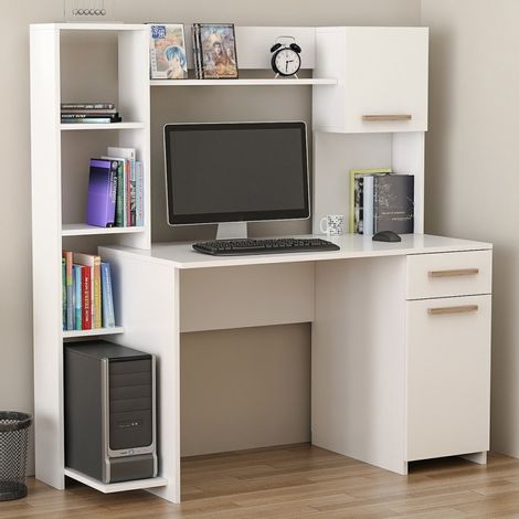 Marrucina Schreibtisch, 6 Ablagen, 1 Schublade, 2 Türen, 120x60x77h cm Weiß (1/4)