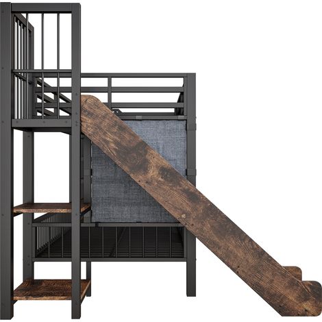 Kinder-Hochbett aus schwarzem Metall 90x200 cm mit Rutsche und Aufbewahrungstreppe (1/5)