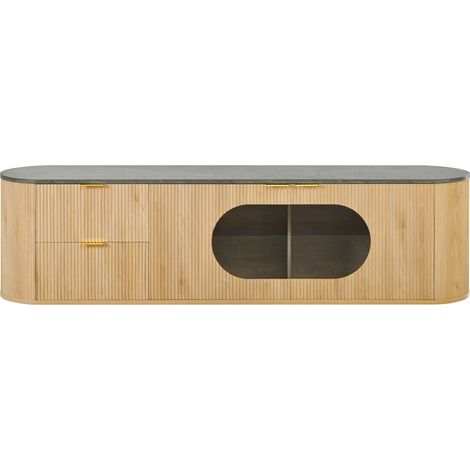 Meuble TV moderne en MDF aspect bois naturel avec vitrine ovale en verre gris et multiples rangements (1/5)