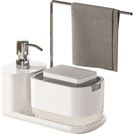 Dispensador de jabón líquido para cocina con soporte para esponja y pañuelos, recargable, blanco. (1/5)