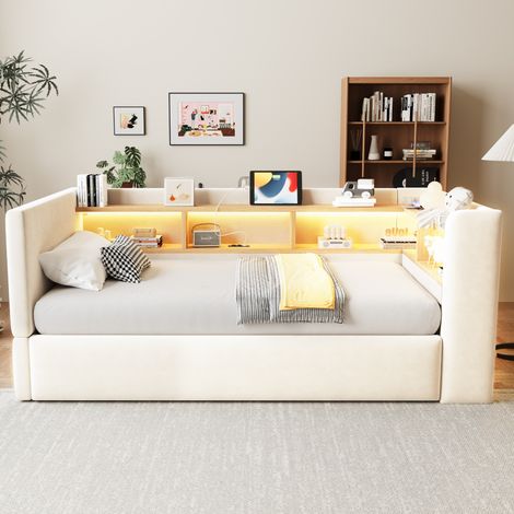 Lit banquette coffre 90x190cm avec led et prises canapé lit avec nombreux rangements - tissu - beige (1/5)