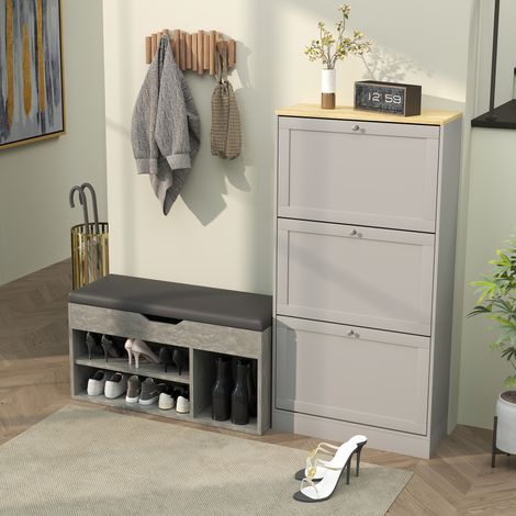 Zapatero acolchado para recibidor que ahorra espacio, armario para zapatos de entrada, con 3 compartimentos, asiento de piel sintética, para salón y recibidor, 80x30x43 cm, negro y gris. (1/5)