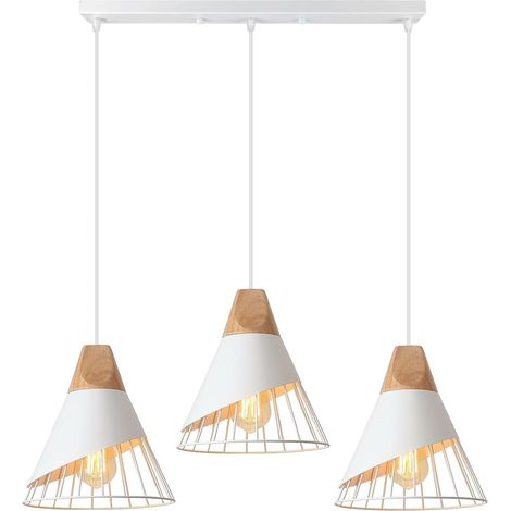 Suspension Luminaire Moderne Industrielle Bois Lustre Abat-jour Métal Vintage forme Cage Ø25cm Plafonnier E27 Design pour Cuisine Chambre Salon (3 lampes - Blanc- barre) [Classe énergétique A]