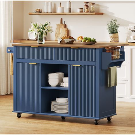 Îlot de cuisine sur roulettes 143x45x89,5 cm en MDF bleu, gain de place pour cuisine FloraGrace (1/5)